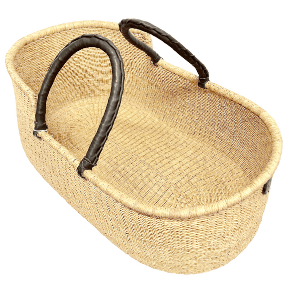 Baby Moses Basket - Natural / Dark Brown Premium Italian Leather Handles-Adinkra Designs