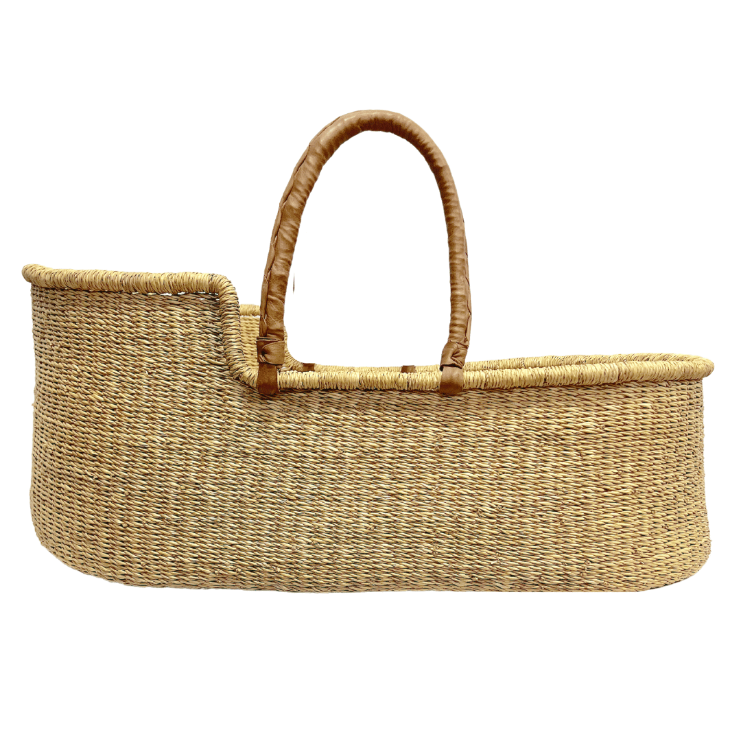 Baby Moses Basket - Natural / Tan Premium Italian Leather Handles-Adinkra Designs