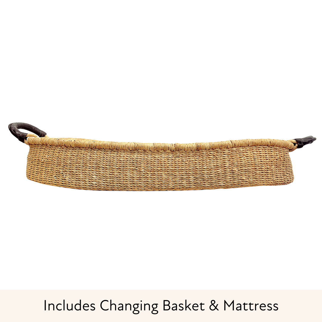 Baby Changing Basket - Natural / Dark Brown Premium Italian Leather Handles-Adinkra Designs