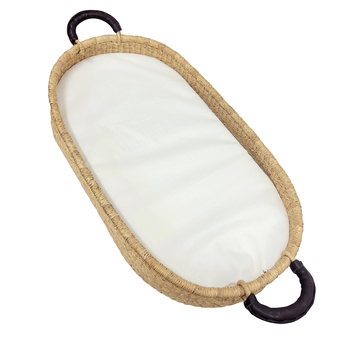 Baby Changing Basket - Natural / Dark Brown Premium Italian Leather Handles-Adinkra Designs