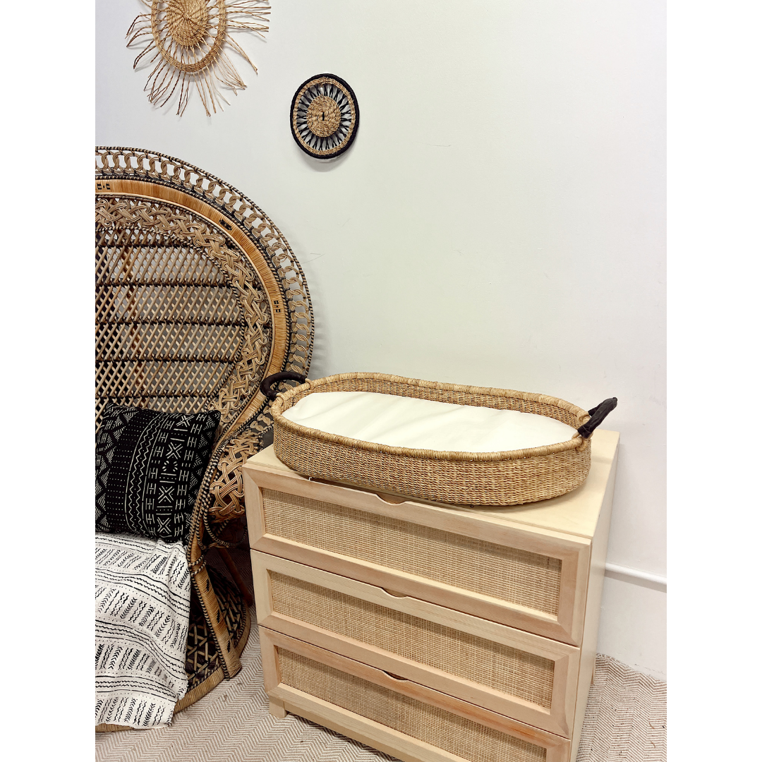 Baby Changing Basket - Natural / Dark Brown Premium Italian Leather Handles-Adinkra Designs