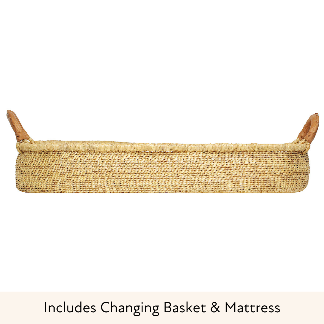 Baby Changing Basket - Natural / Tan Premium Italian Leather Handles-Adinkra Designs