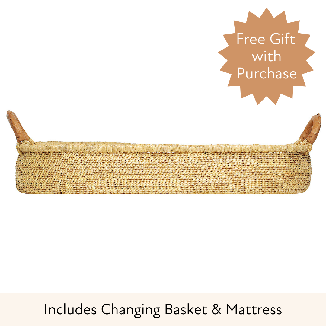 Baby Changing Basket - Natural / Tan Premium Italian Leather Handles-Adinkra Designs