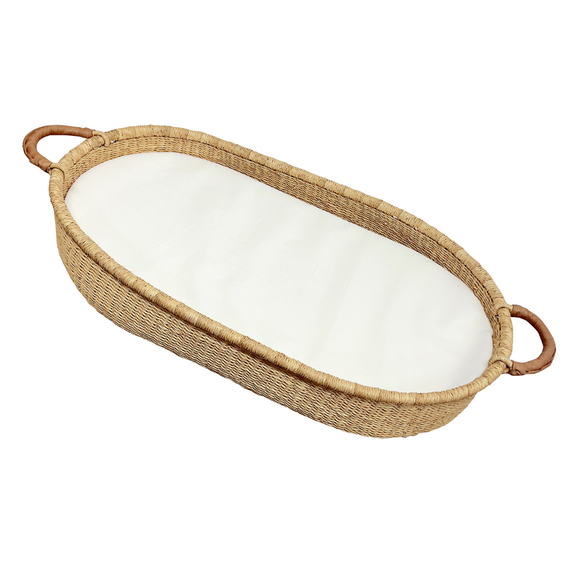 Baby Changing Basket - Natural / Tan Premium Italian Leather Handles-Adinkra Designs