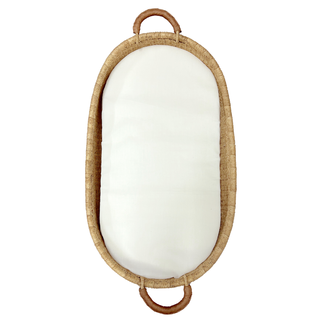 Baby Changing Basket - Natural / Tan Premium Italian Leather Handles-Adinkra Designs
