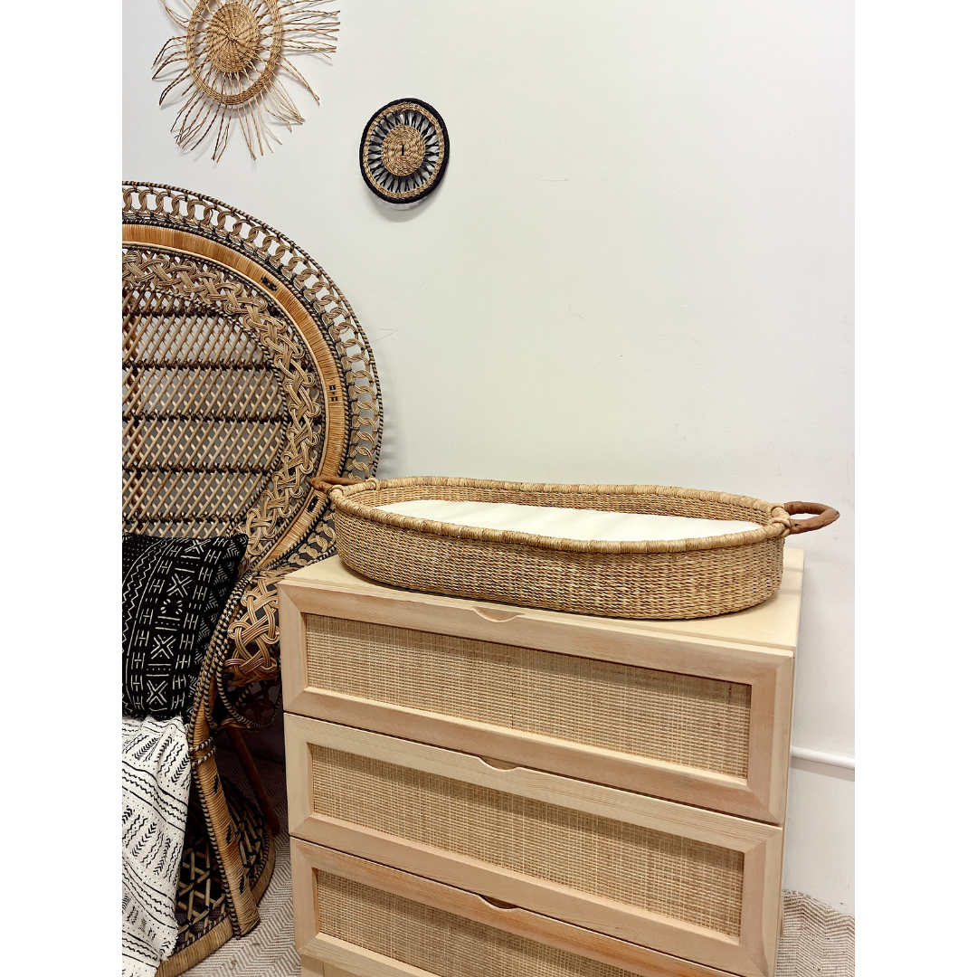 Baby Changing Basket - Natural / Tan Premium Italian Leather Handles-Adinkra Designs