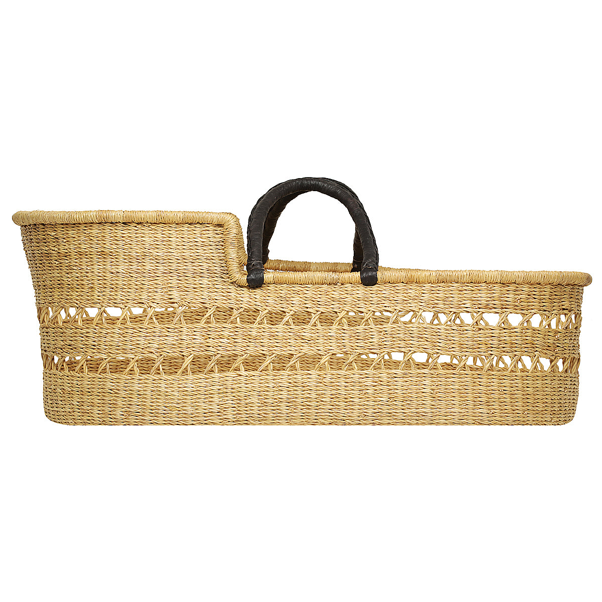 Baby Moses Basket - Natural Open Weave / Black Leather Handles-Adinkra Designs