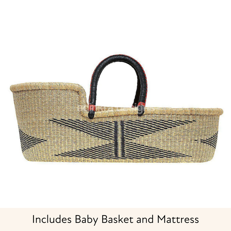 Baby Moses Basket - Kiki with Black/Tan Handles-Adinkra Designs