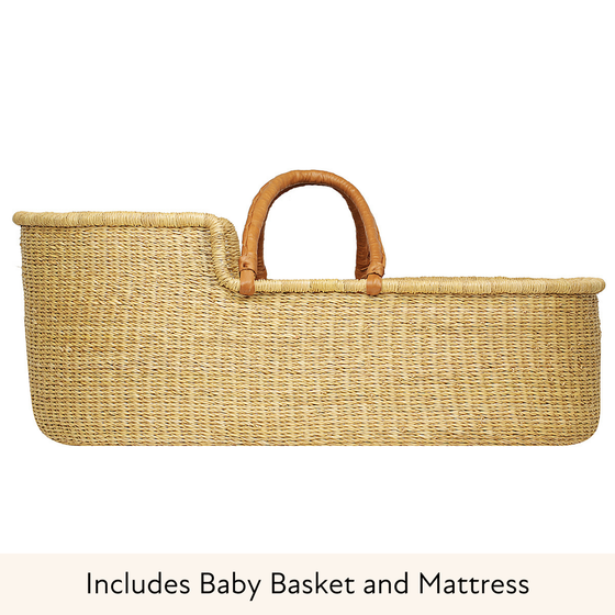 Baby Moses Basket - Natural / Tan Premium Italian Leather Handles-Adinkra Designs