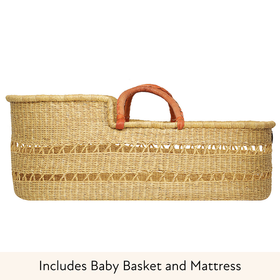 Baby Moses Basket - Natural Open Weave / Tan Leather Handles-Adinkra Designs