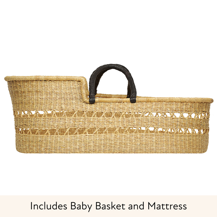 Baby Moses Basket - Natural Open Weave / Black Leather Handles-Adinkra Designs