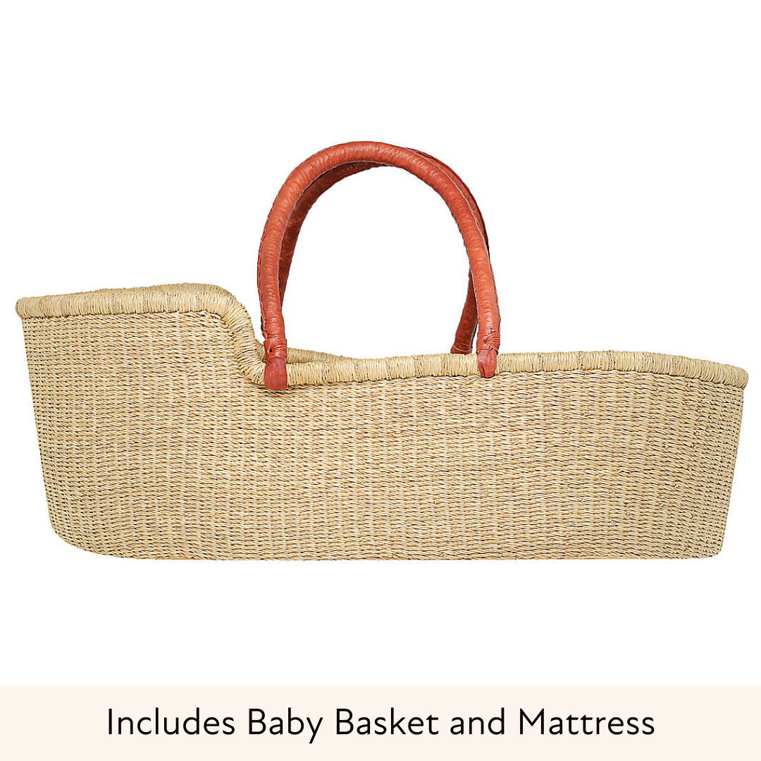 Baby Moses Basket - Natural with Tan Handles-Adinkra Designs