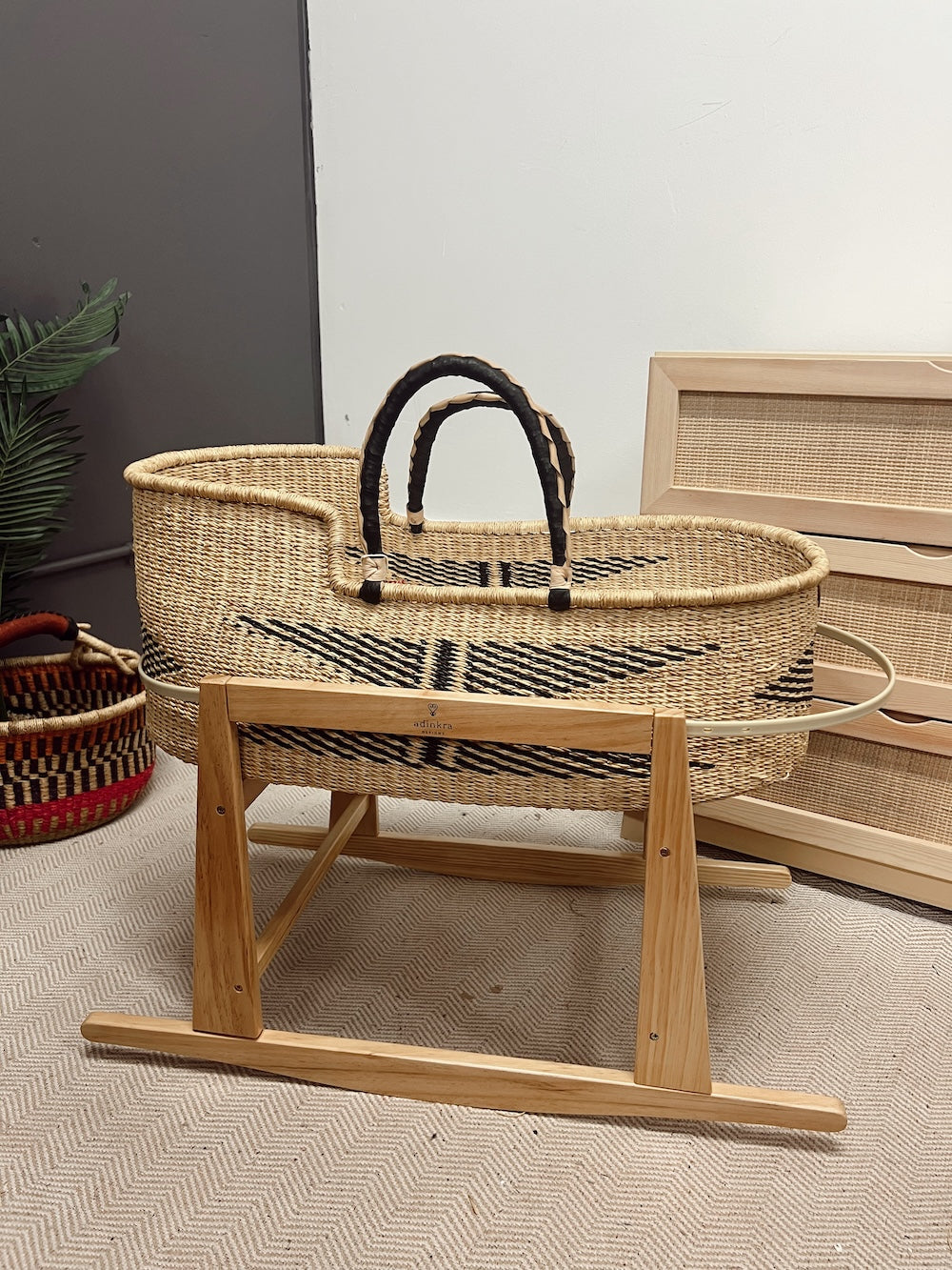 ON SALE: Baby Moses Basket - Kiki with Black/Cream Handles-Adinkra Designs