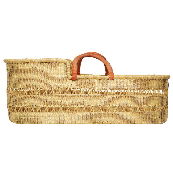 Baby Moses Basket - Natural Open Weave / Tan Leather Handles-Adinkra Designs