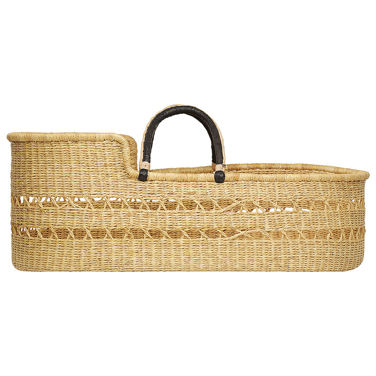 Baby Moses Basket - Natural Open Weave / Black/Cream Leather Handles-Adinkra Designs