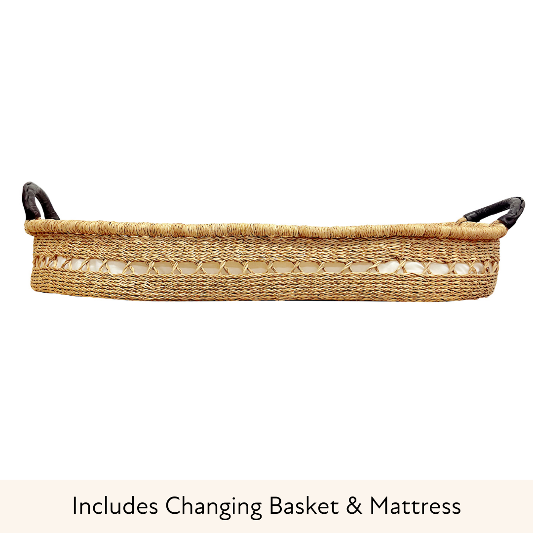 Baby Changing Basket - Natural Open Weave / Dark Brown Premium Italian Leather Handles-Adinkra Designs