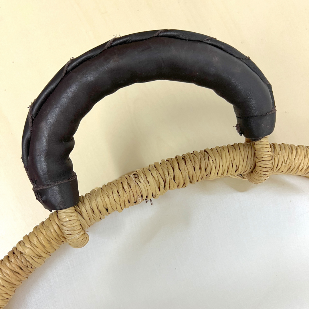 Baby Changing Basket - Natural Open Weave / Dark Brown Premium Italian Leather Handles-Adinkra Designs