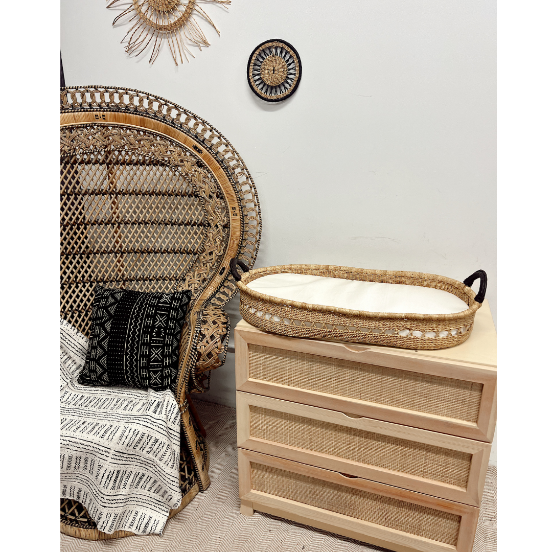 Baby Changing Basket - Natural Open Weave / Dark Brown Premium Italian Leather Handles-Adinkra Designs