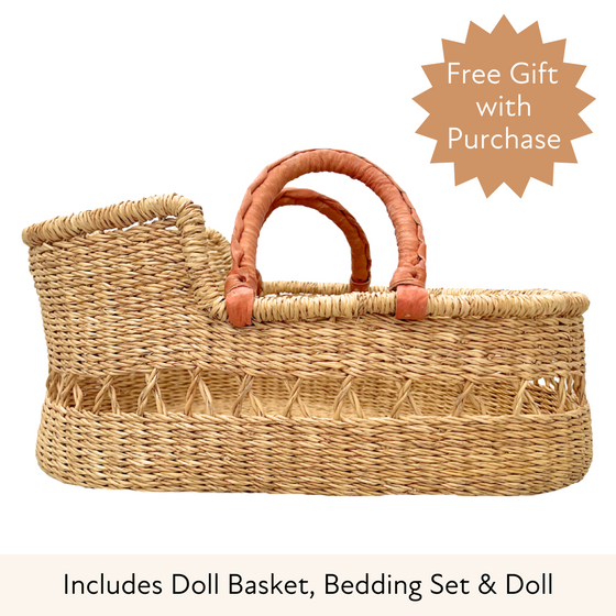 Dolls Basket - Natural Net with Tan Handles-Adinkra Designs