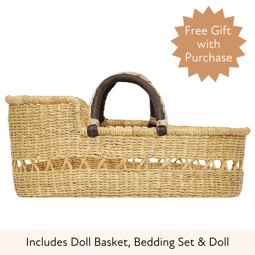 Dolls Basket - Natural Net with Black/Cream Handles-Adinkra Designs