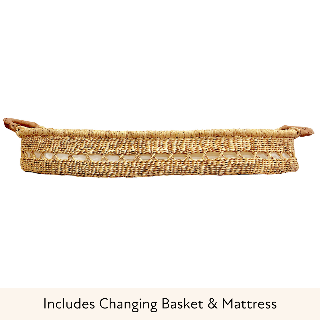 Baby Changing Basket - Natural Open Weave / Tan Premium Italian Leather Handles-Adinkra Designs