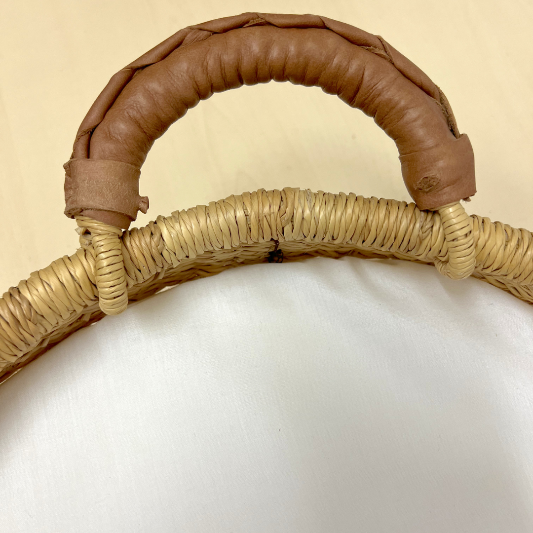 Baby Changing Basket - Natural Open Weave / Tan Premium Italian Leather Handles-Adinkra Designs