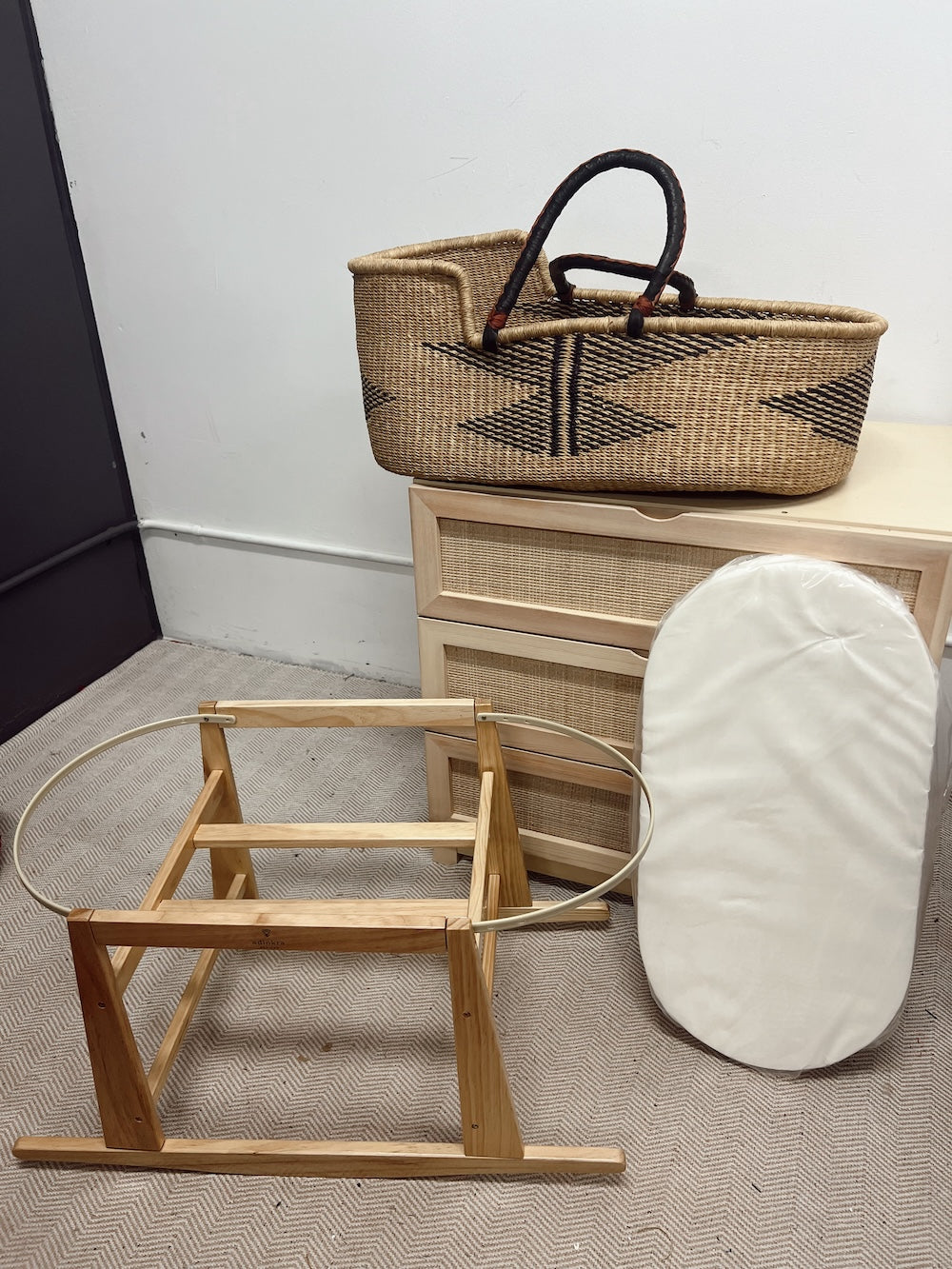 ON SALE: Baby Moses Basket - Kiki with Black/Tan Handles-Adinkra Designs