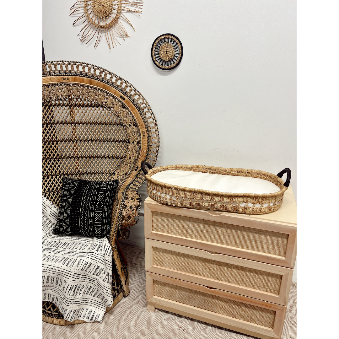 Baby Changing Basket - Natural Open Weave / Black Leather Handles-Adinkra Designs