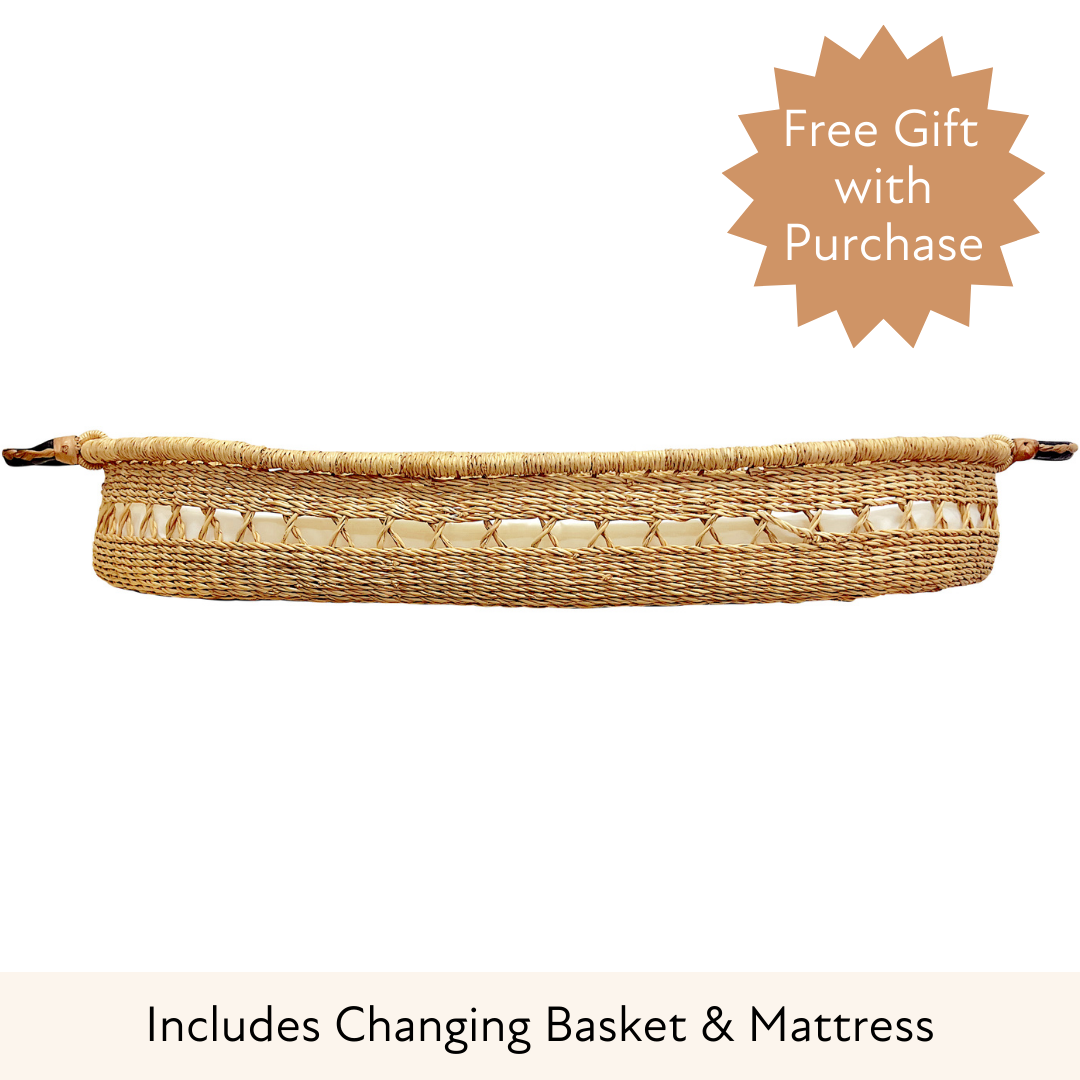 Baby Changing Basket - Natural Open Weave / Black/Cream Leather Handles-Adinkra Designs