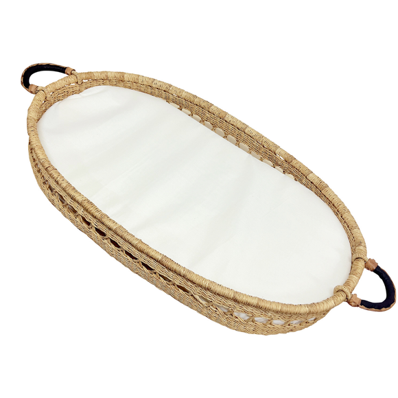 Baby Changing Basket - Natural Open Weave / Black/Cream Leather Handles-Adinkra Designs