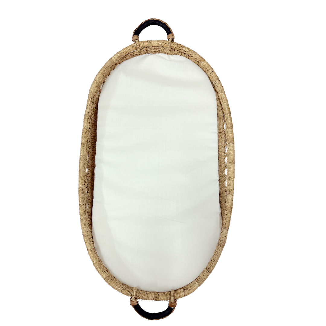 Baby Changing Basket - Natural Open Weave / Black/Cream Leather Handles-Adinkra Designs