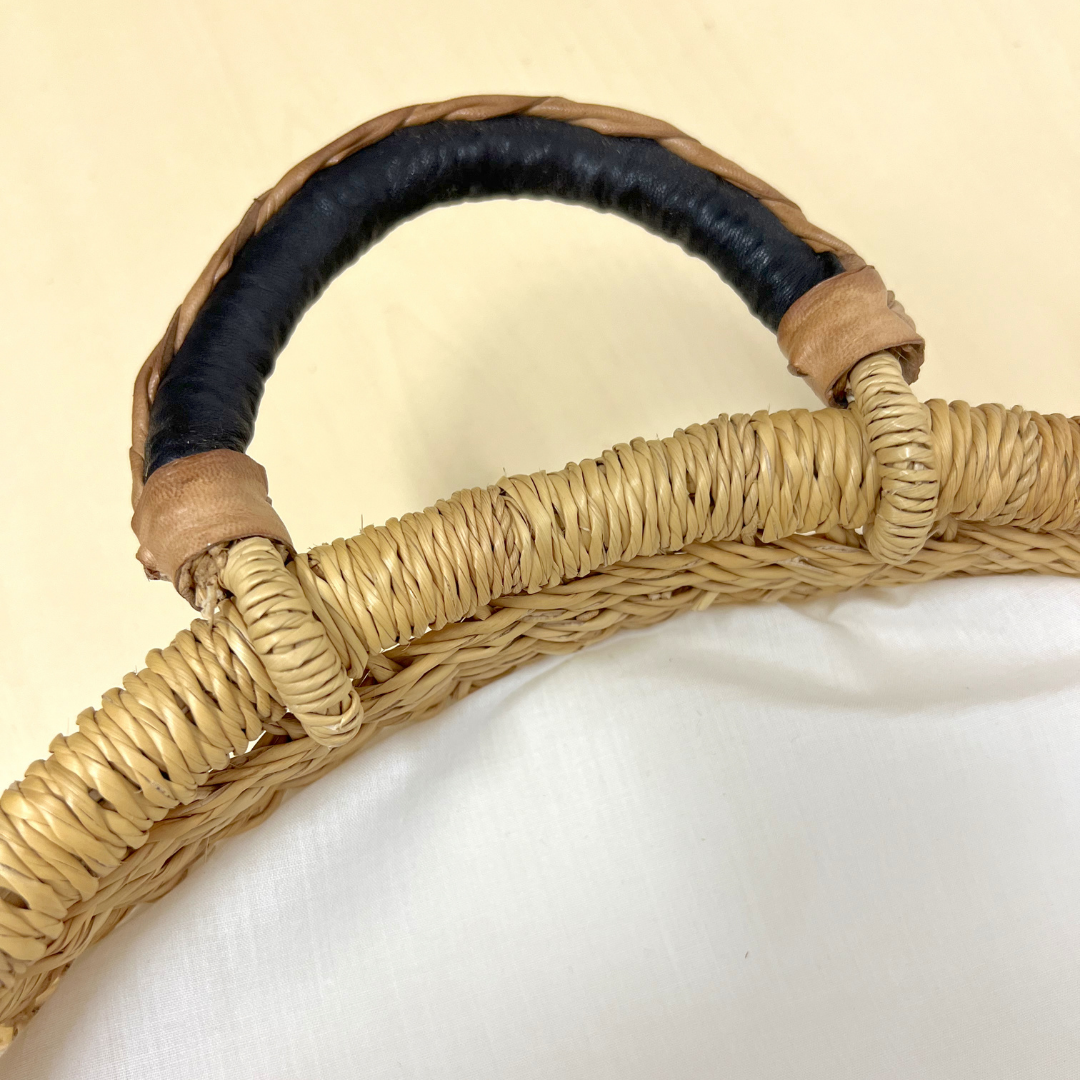 Baby Changing Basket - Natural Open Weave / Black/Cream Leather Handles-Adinkra Designs