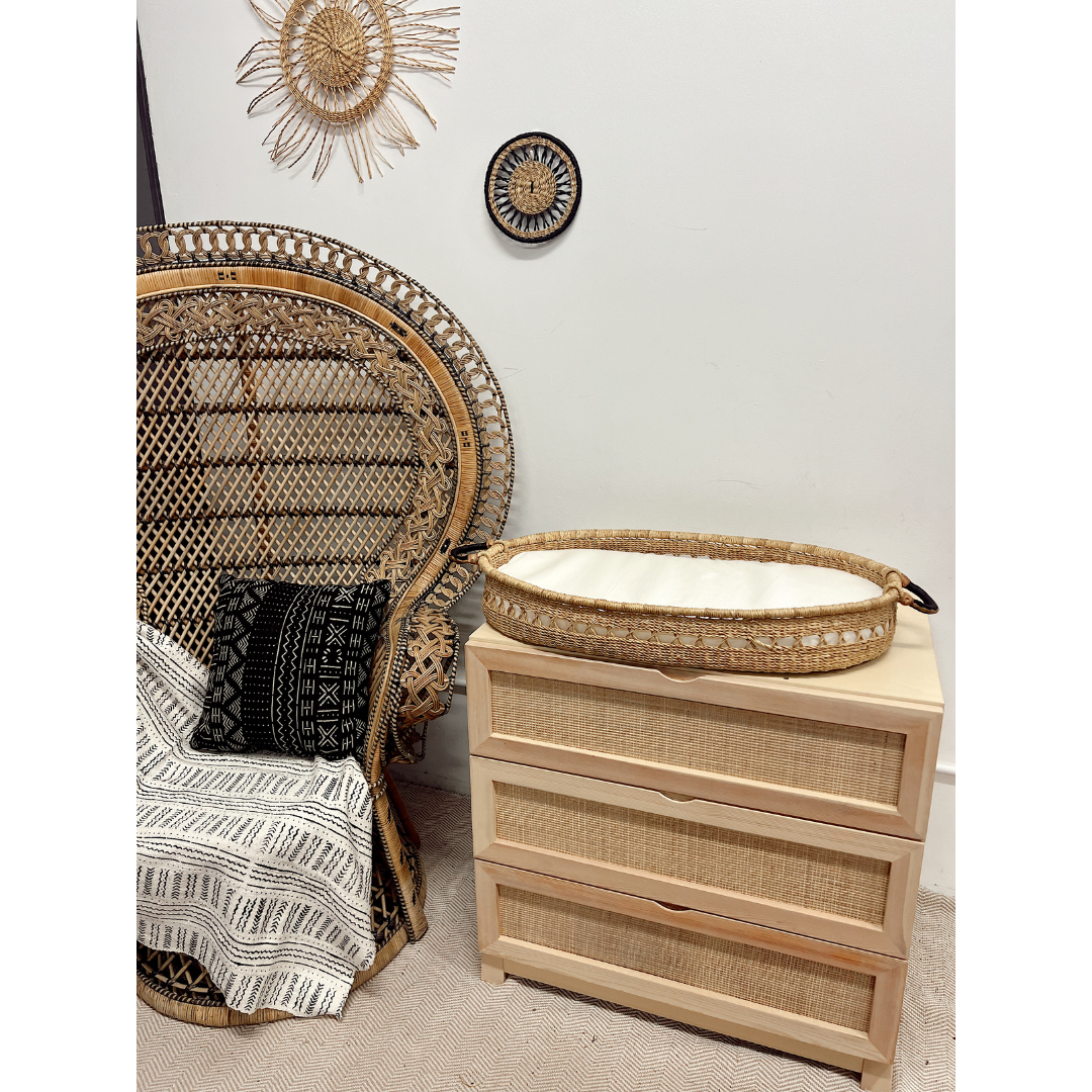 Baby Changing Basket - Natural Open Weave / Black/Cream Leather Handles-Adinkra Designs