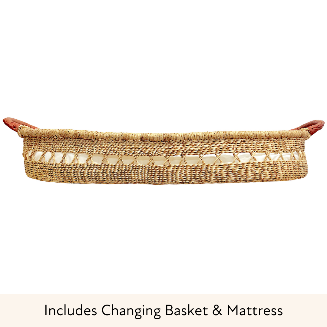 Baby Changing Basket - Natural Open Weave / Tan Leather Handles-Adinkra Designs