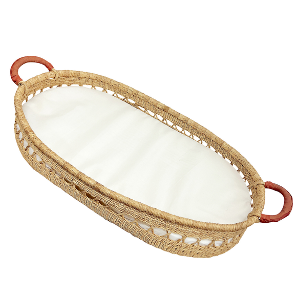 Baby Changing Basket - Natural Open Weave / Tan Leather Handles-Adinkra Designs