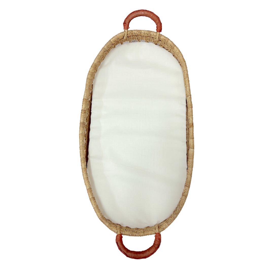 Baby Changing Basket - Natural Open Weave / Tan Leather Handles-Adinkra Designs