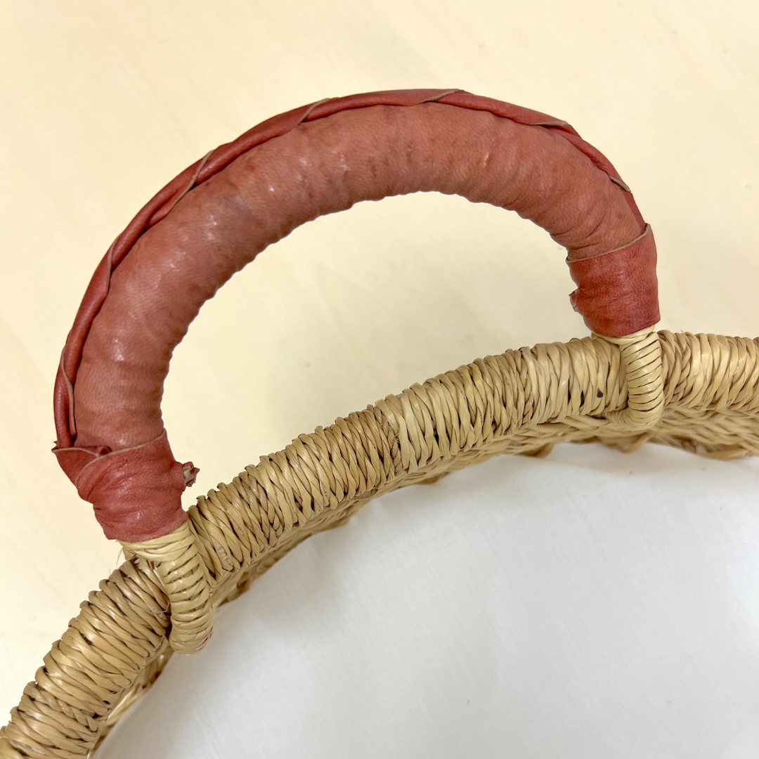 Baby Changing Basket - Natural Open Weave / Tan Leather Handles-Adinkra Designs