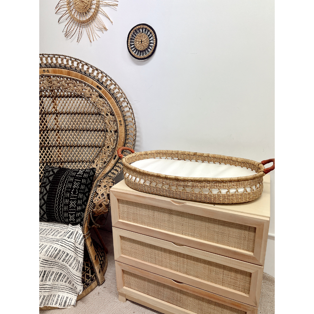 Baby Changing Basket - Natural Open Weave / Tan Leather Handles-Adinkra Designs