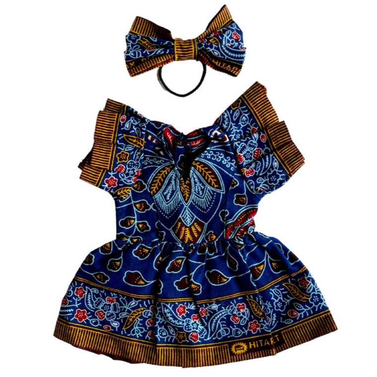 Dolls Dress – Ocean Frill Dress & Bow Set-Adinkra Designs
