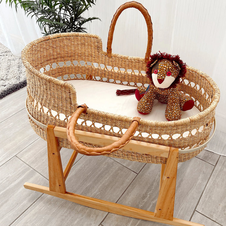 Baby Moses Basket - Natural Open Weave / Tan Premium Italian Leather Handles-Adinkra Designs