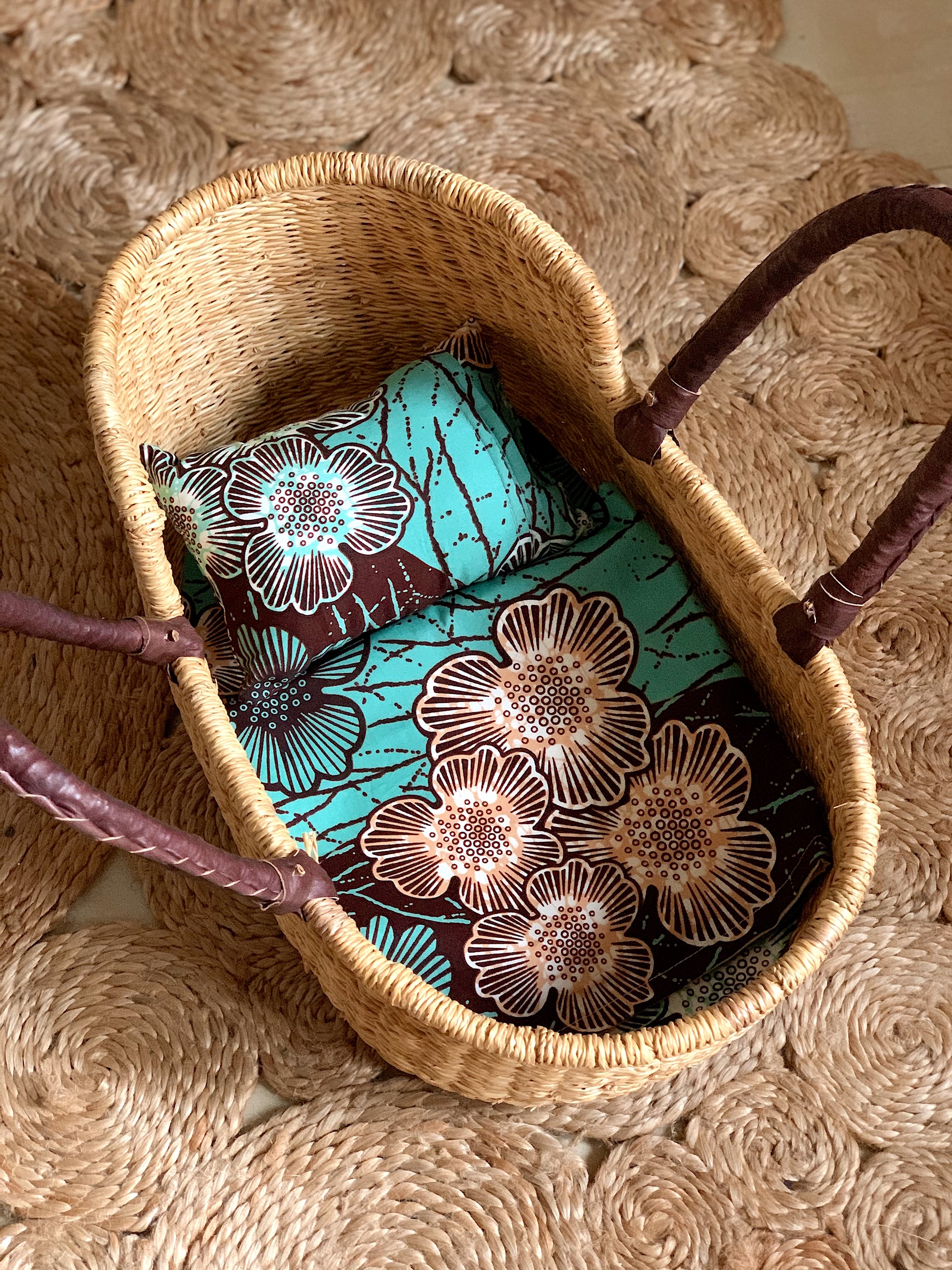 Dolls Bedding Set – Aqua Hibiscus-Adinkra Designs