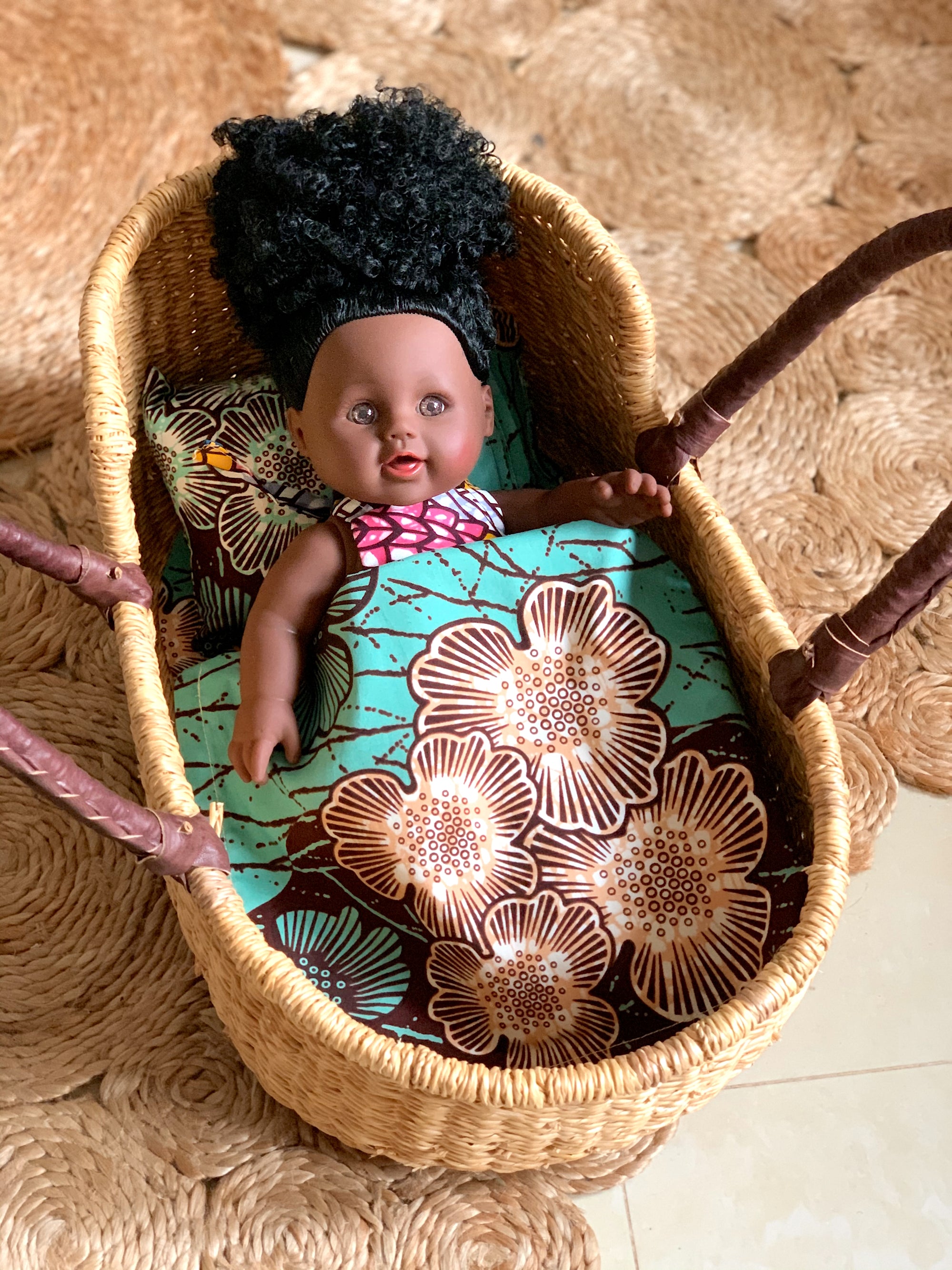 Dolls Bedding Set – Aqua Hibiscus-Adinkra Designs