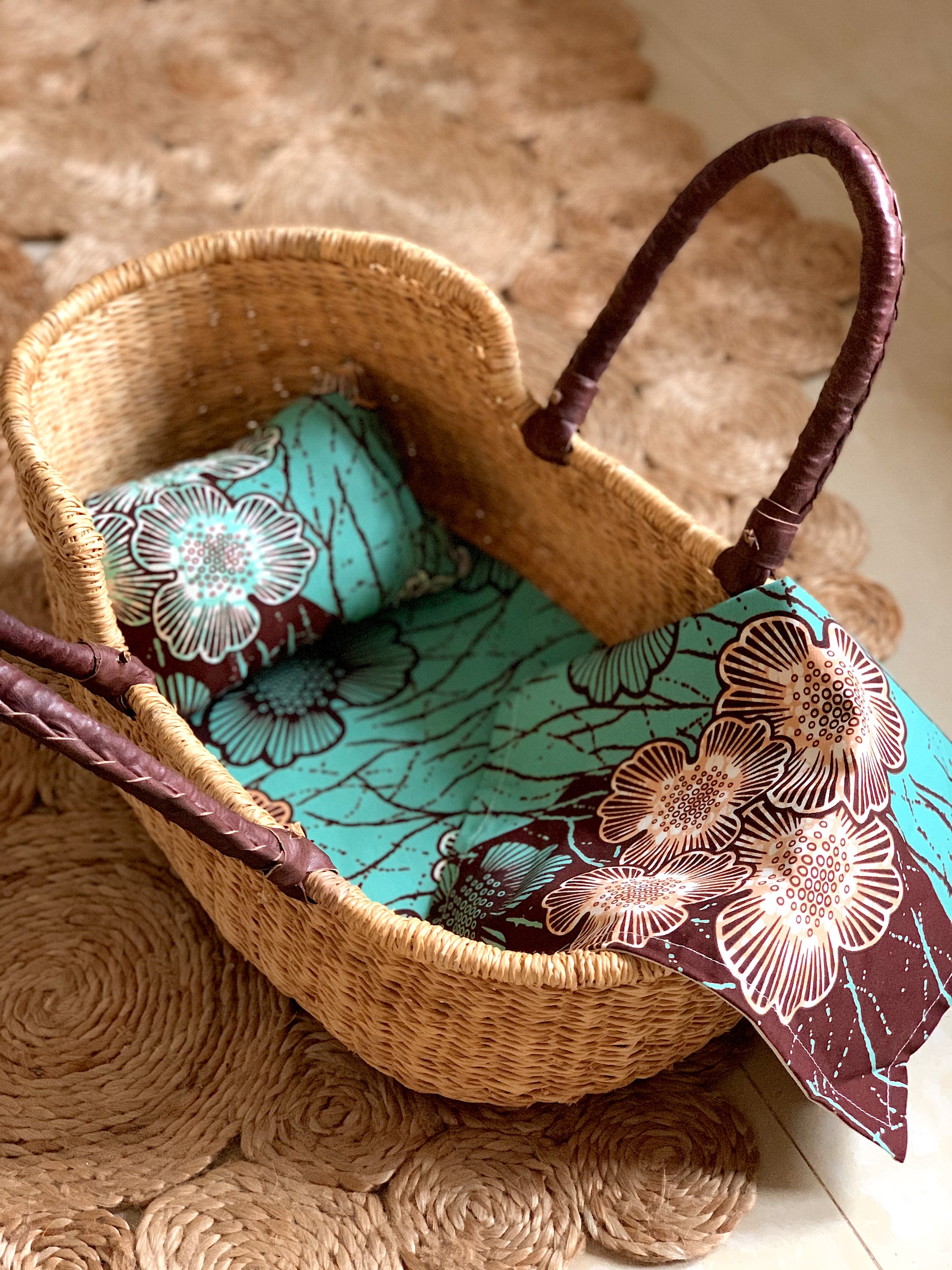 Dolls Bedding Set – Aqua Hibiscus-Adinkra Designs