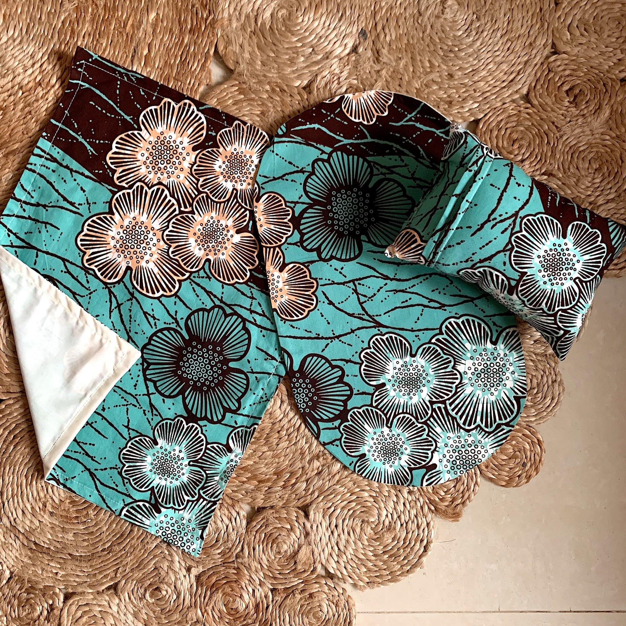 Dolls Bedding Set – Aqua Hibiscus-Adinkra Designs