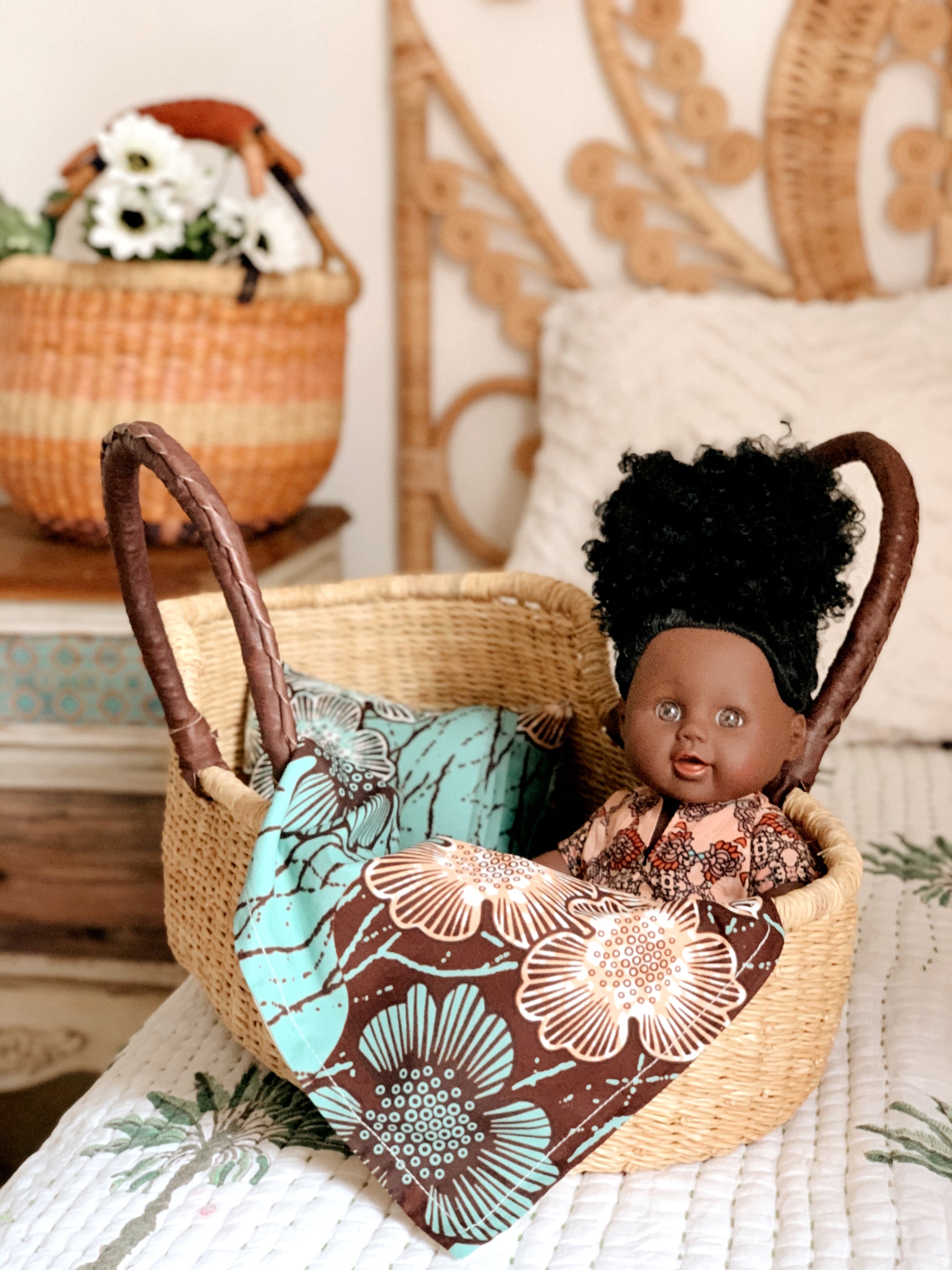 Dolls Bedding Set – Aqua Hibiscus-Adinkra Designs