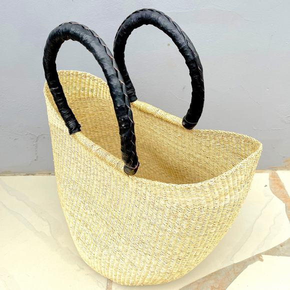 Market Basket - Natural Closed Weave (Black Handles) a-Adinkra Designs