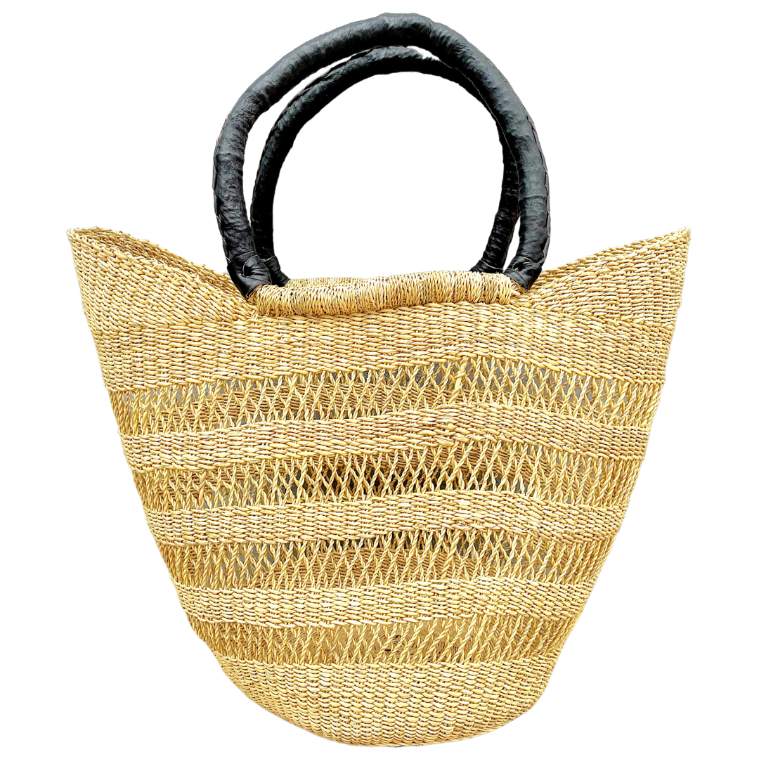 Market Basket - Natural Open Weave (Black Handles) a-Adinkra Designs